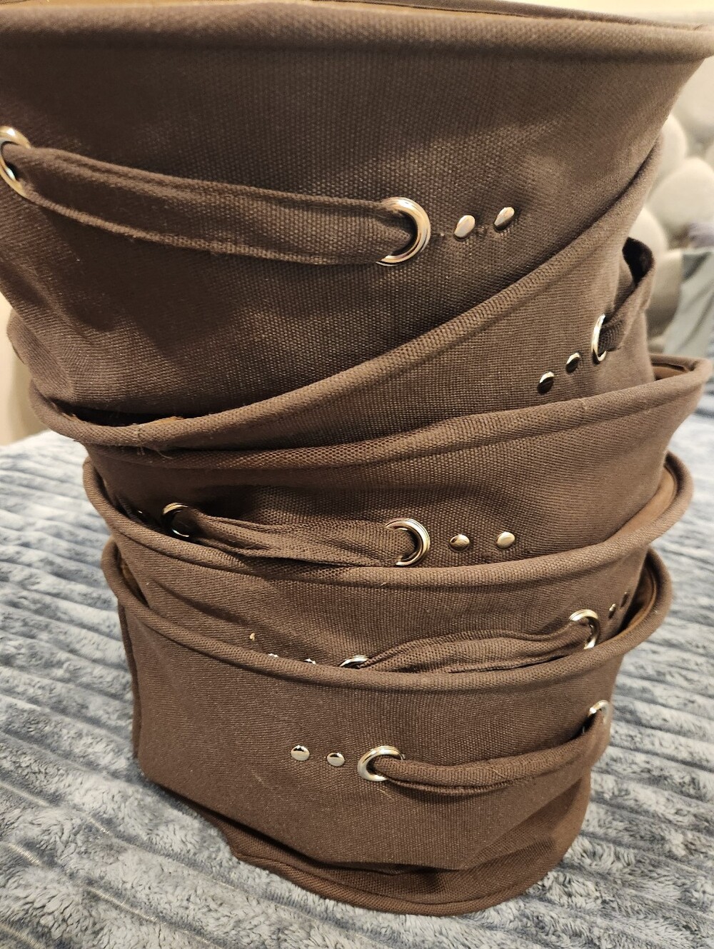 5 Brown Canvas Fabric Baskets with Handles